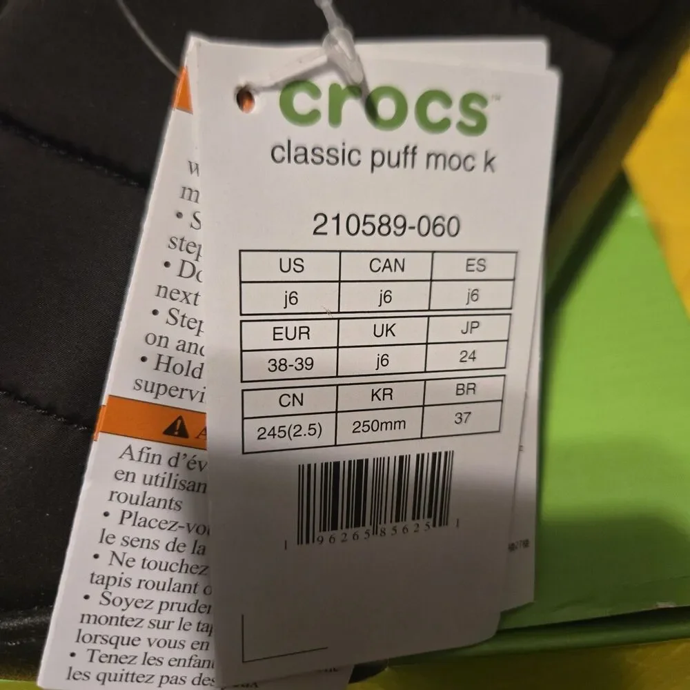 Crocs Classic Puff Moc 210706 Black/Black Unisex Slip On Shoes KIDS J6